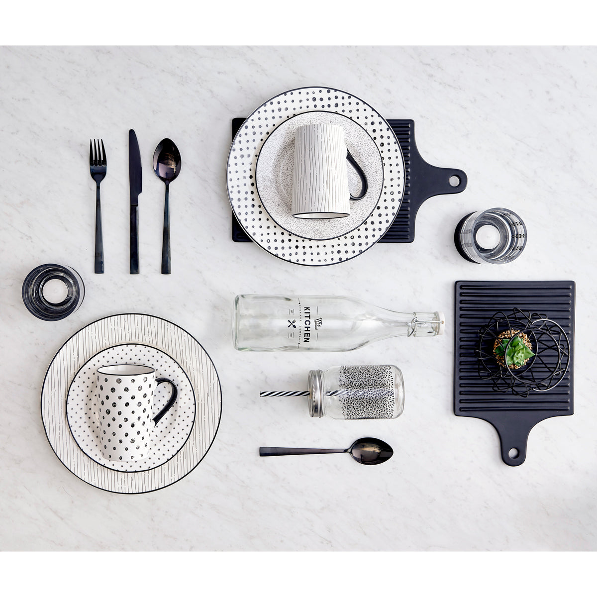 Dinnerware Set with Black Flatware, Porcelain, 12-Piece Dinnerware, Black and White Patterns – view 9