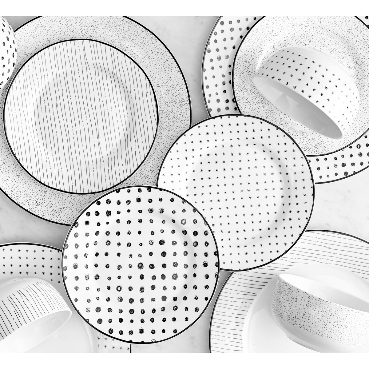 Dinnerware Set with Black Flatware, Porcelain, 12-Piece Dinnerware, Black and White Patterns – view 12