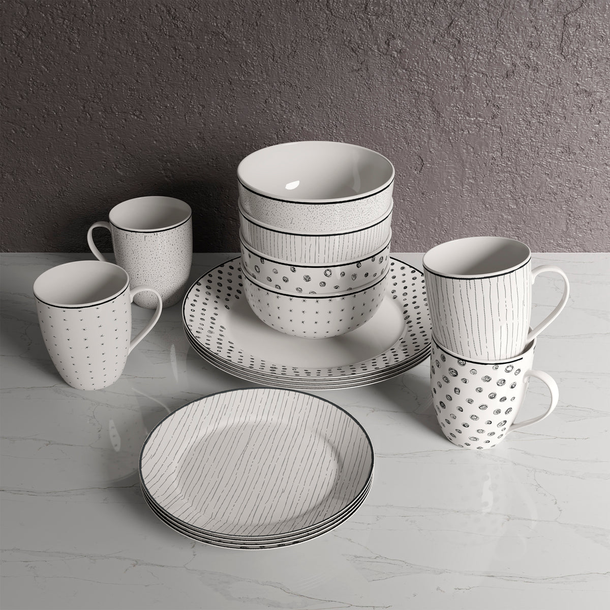 Dinnerware Set with Black Flatware, Porcelain, 12-Piece Dinnerware, Black and White Patterns – view 16
