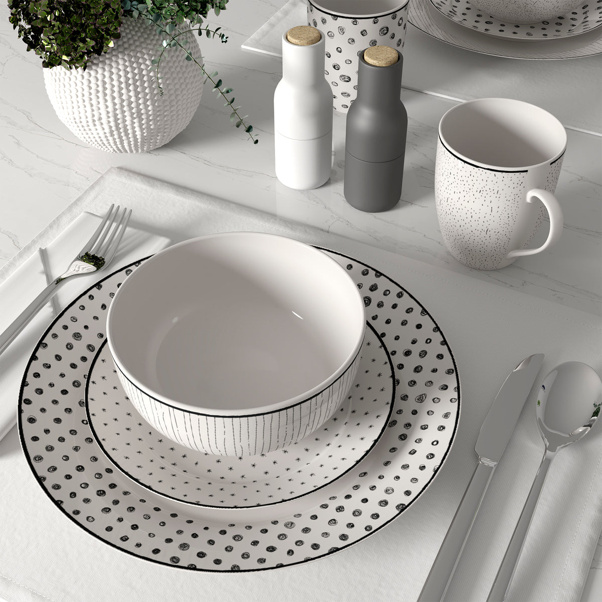 Dinnerware Set with Black Flatware, Porcelain, 12-Piece Dinnerware, Black and White Patterns – view 21