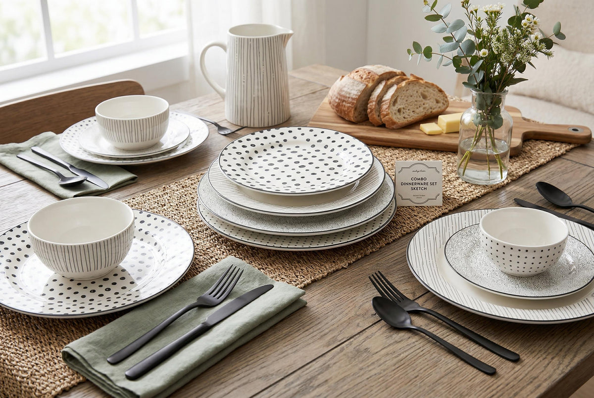 Dinnerware Set with Black Flatware, Porcelain, 12-Piece Dinnerware, Black and White Patterns – view 22