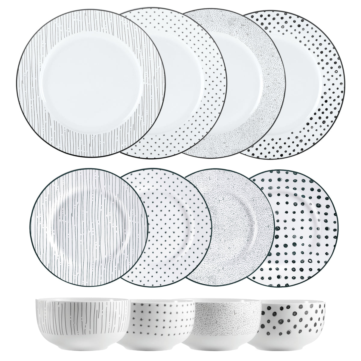 Dinnerware Set with Black Flatware, Porcelain, 12-Piece Dinnerware, Black and White Patterns – view 32