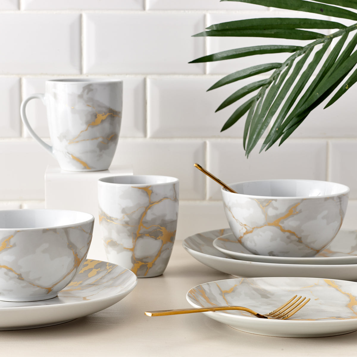 Dinnerware Set with Gold Flatware, Porcelain, 16-Piece Dinnerware, Grey and Gold Marble Look – view 2