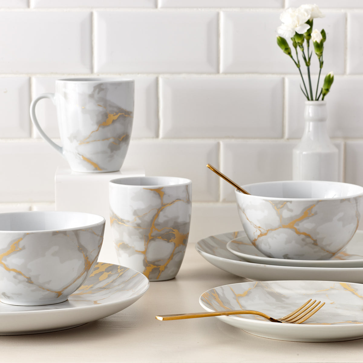 Dinnerware Set with Gold Flatware, Porcelain, 16-Piece Dinnerware, Grey and Gold Marble Look – view 3