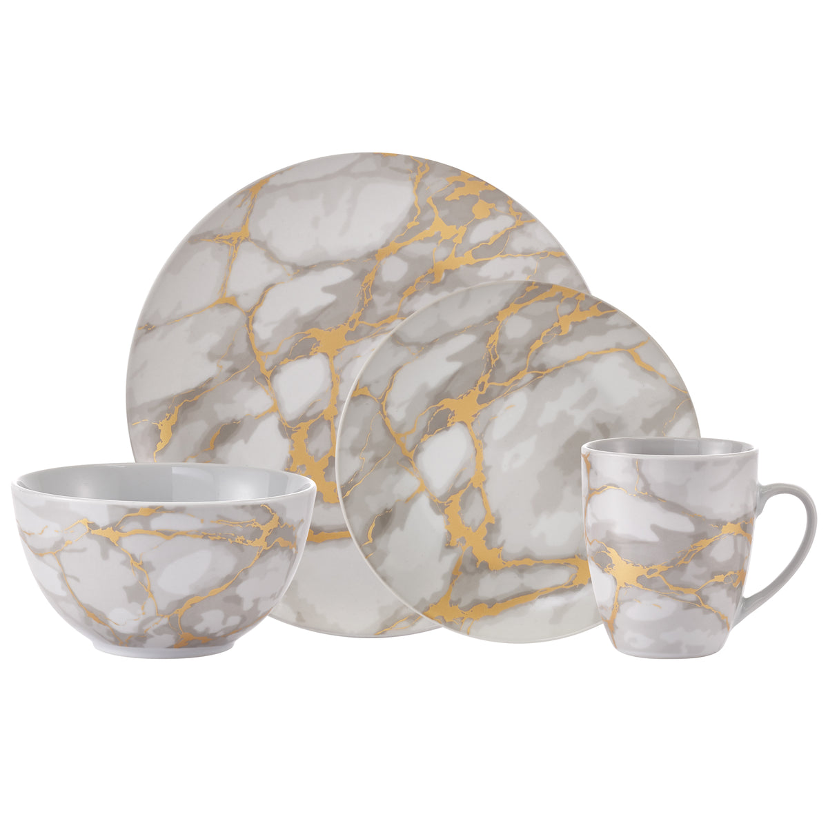 Dinnerware Set with Gold Flatware, Porcelain, 16-Piece Dinnerware, Grey and Gold Marble Look – view 5