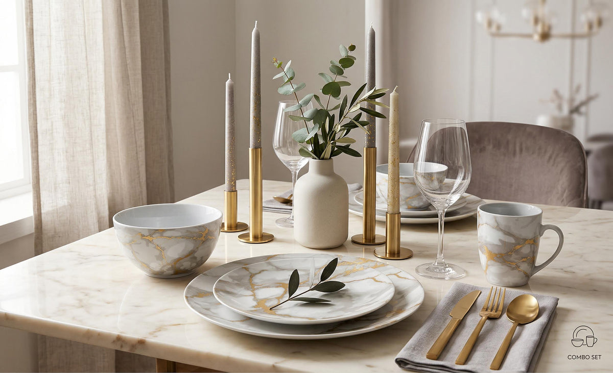Dinnerware Set with Gold Flatware, Porcelain, 16-Piece Dinnerware, Grey and Gold Marble Look – view 6