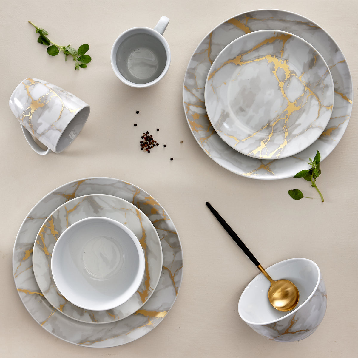 Dinnerware Set with Gold Flatware, Porcelain, 16-Piece Dinnerware, Grey and Gold Marble Look – view 11