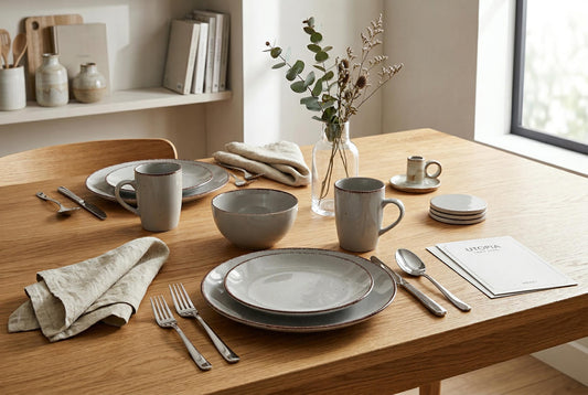 Dinnerware Set with Silver Flatware, Stoneware, 16-Piece Dinnerware, Grey Speckled, Brown Rim