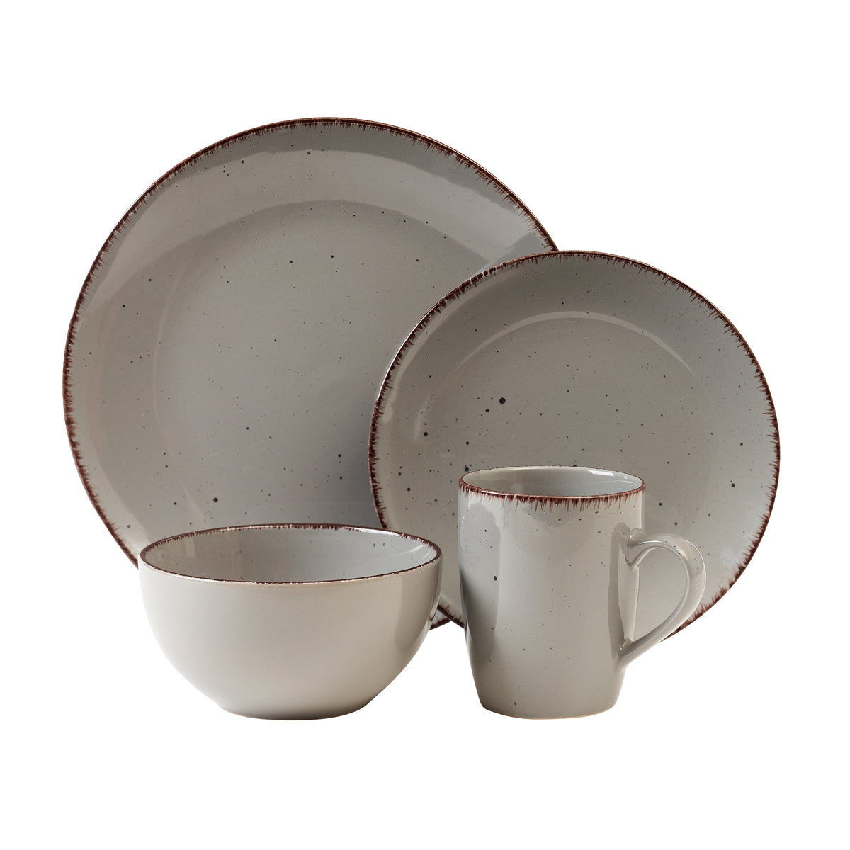 Dinnerware Set with Silver Flatware, Stoneware, 16-Piece Dinnerware, Grey Speckled, Brown Rim – view 2