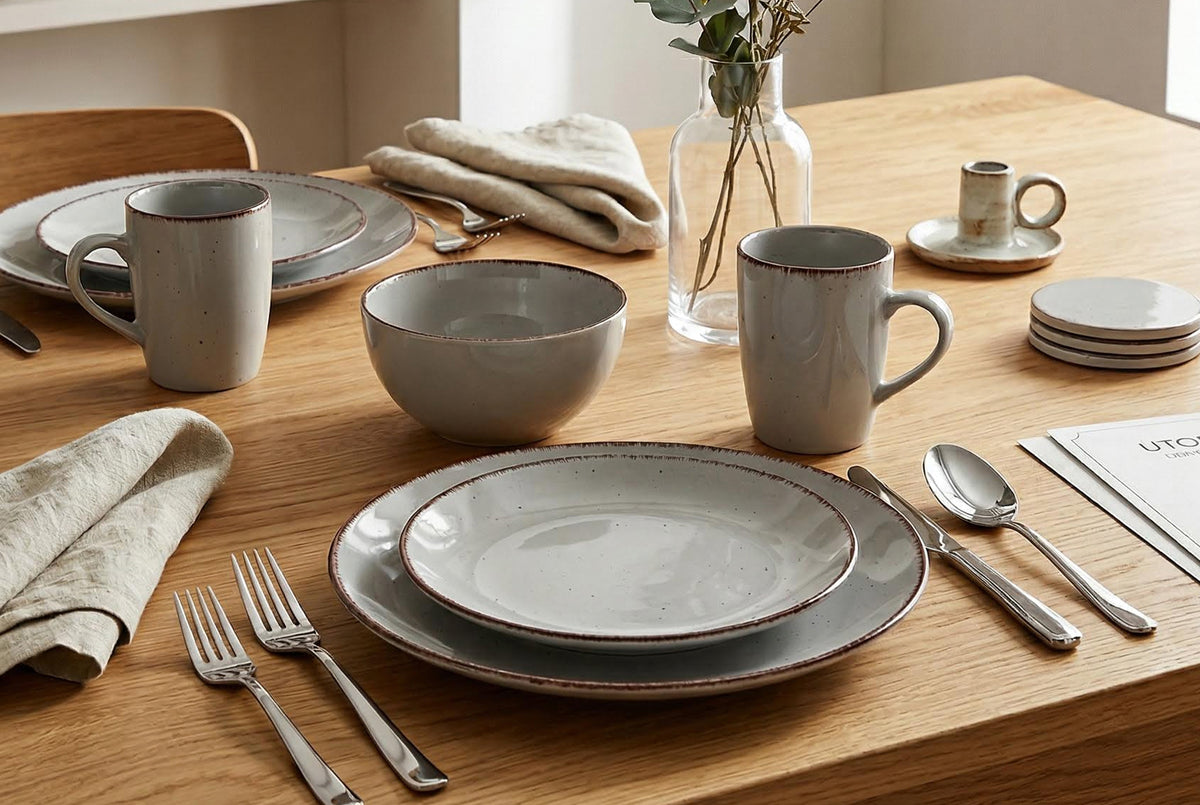 Dinnerware Set with Silver Flatware, Stoneware, 16-Piece Dinnerware, Grey Speckled, Brown Rim – view 6