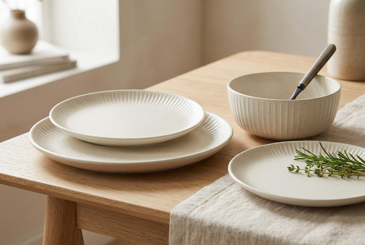 Dinnerware Set, 12-Piece, Stoneware, Fluted Embossed, Bone – view 15