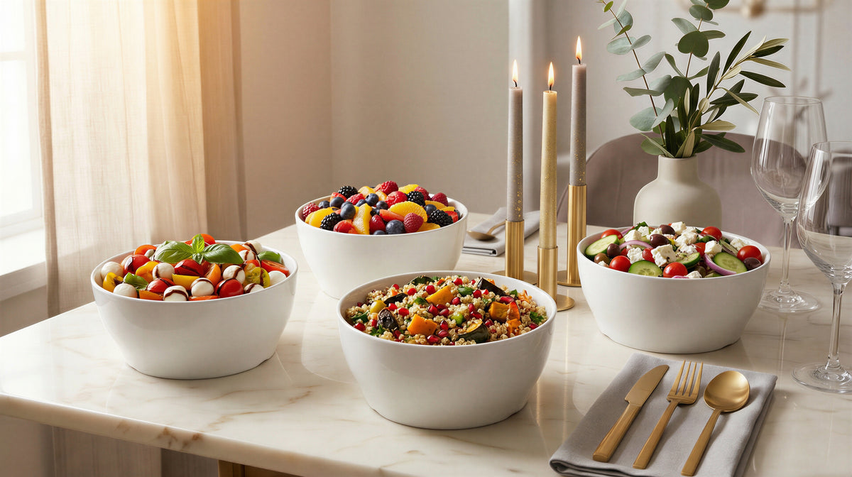White porcelain bowls filled with salad on a dining table