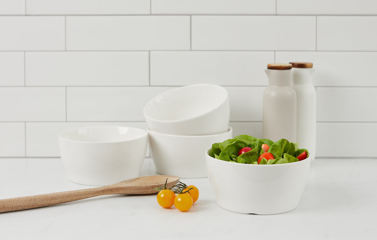 White porcelain bowls on a kitchen counter