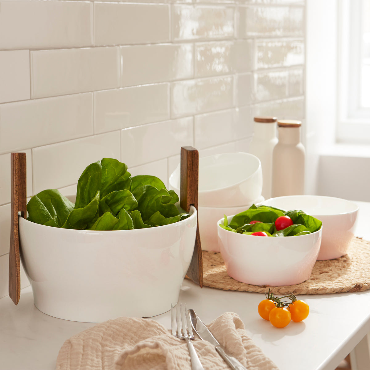White porcelain bowl with salad, styled