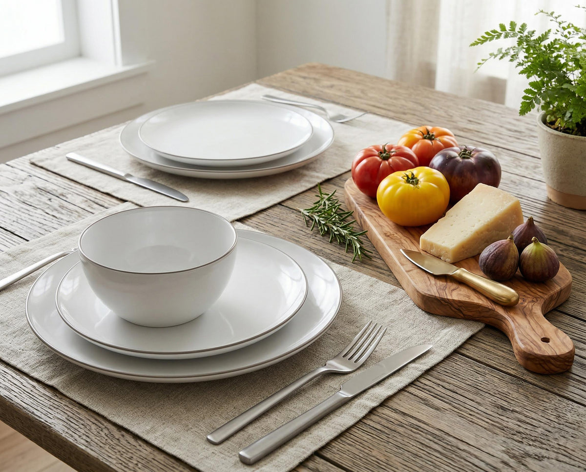 Ensemble de vaisselle, 12 pièces, porcelaine, blanc à rebord platine