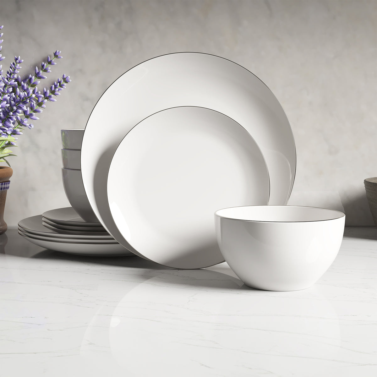Ensemble de vaisselle, 12 pièces, porcelaine, blanc à rebord platine – vue 11