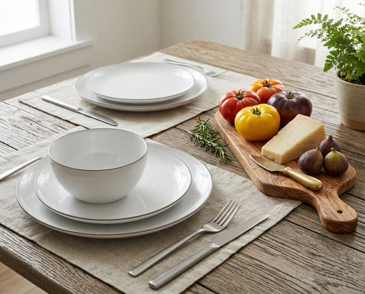 Ensemble de vaisselle, 12 pièces, porcelaine, blanc à rebord platine