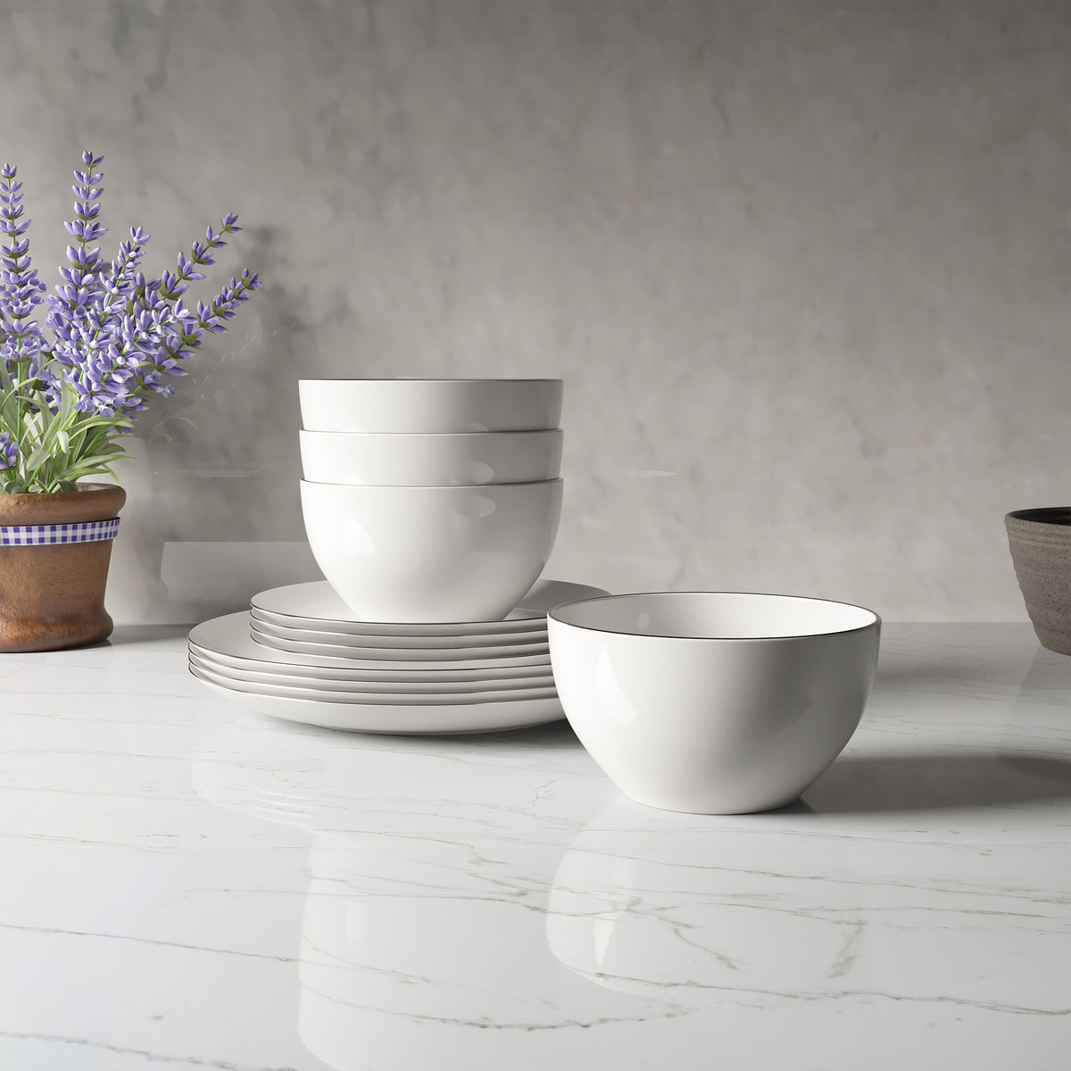 Ensemble de vaisselle, 12 pièces, porcelaine, blanc à rebord platine – vue 12