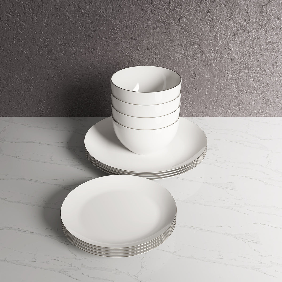 Ensemble de vaisselle, 12 pièces, porcelaine, blanc à rebord platine – vue 14