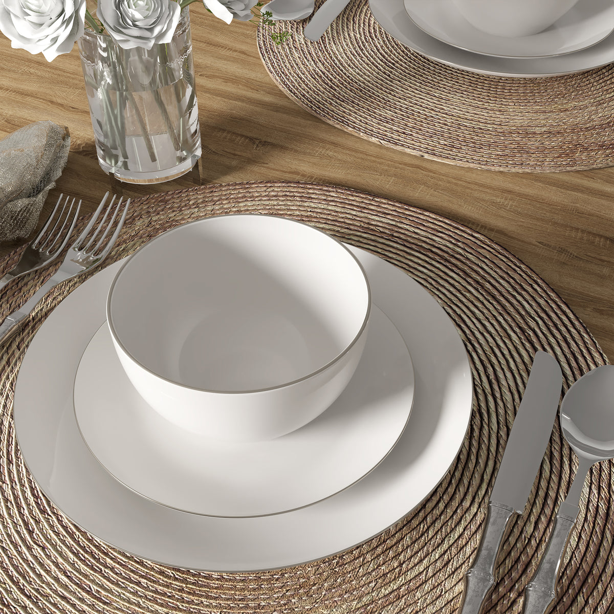 Ensemble de vaisselle, 12 pièces, porcelaine, blanc à rebord platine – vue 15