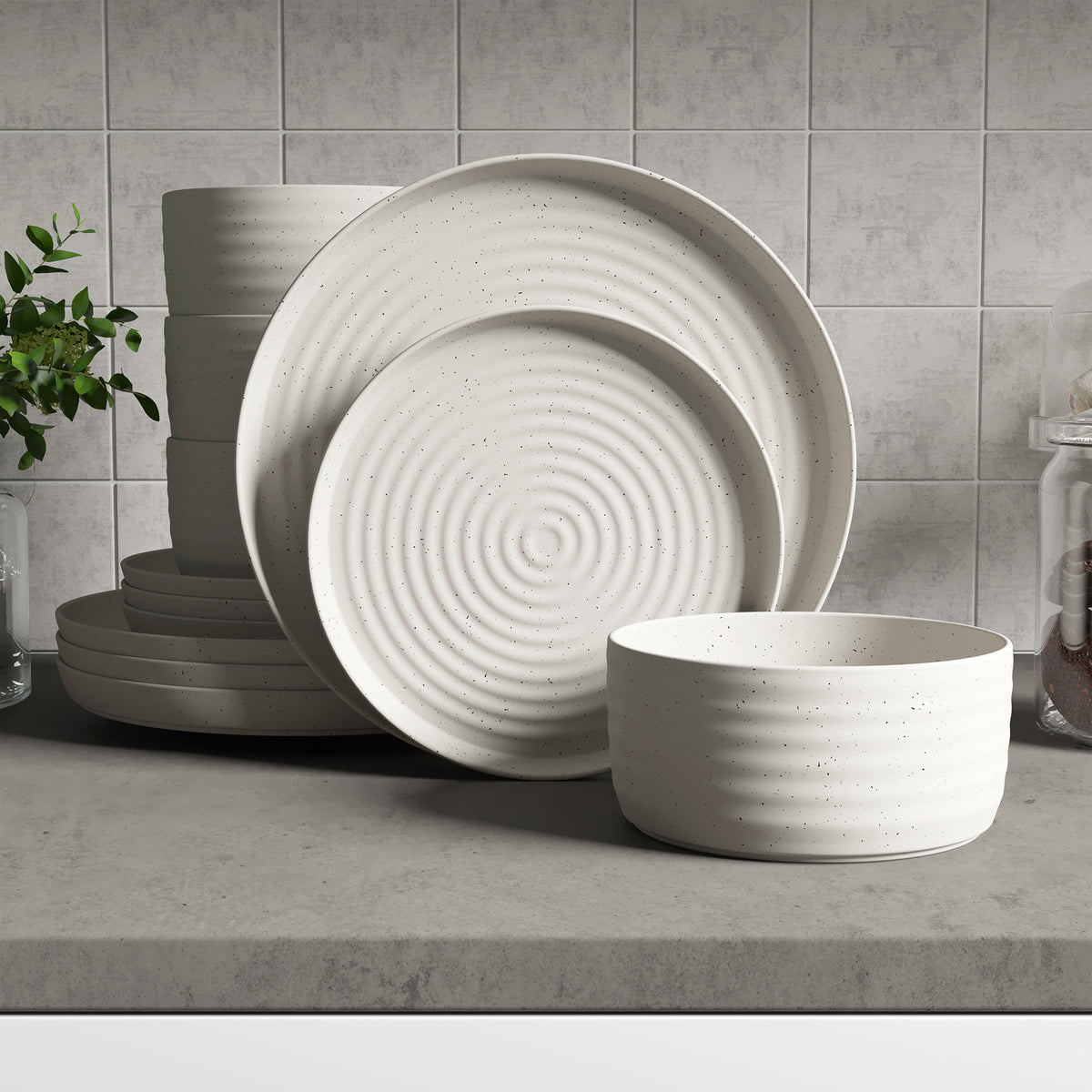Dinnerware Set, 12-Piece, Stoneware, Speckled Off-White, Ribbed – view 11