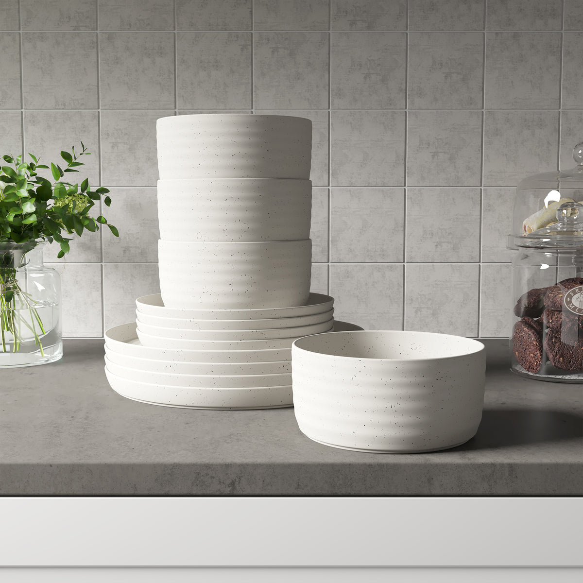 Dinnerware Set, 12-Piece, Stoneware, Speckled Off-White, Ribbed – view 12
