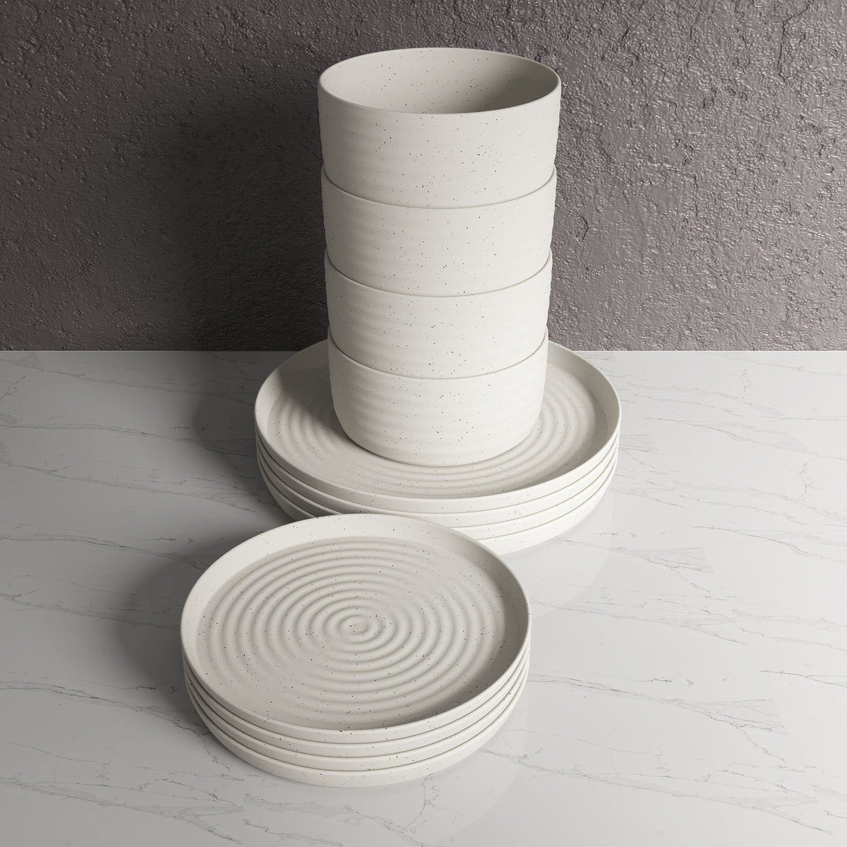 Dinnerware Set, 12-Piece, Stoneware, Speckled Off-White, Ribbed – view 14