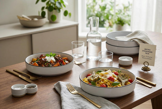 Pasta Bowls, Set of 4, Stoneware, 20 cm (7.9 in), White with Black Rim