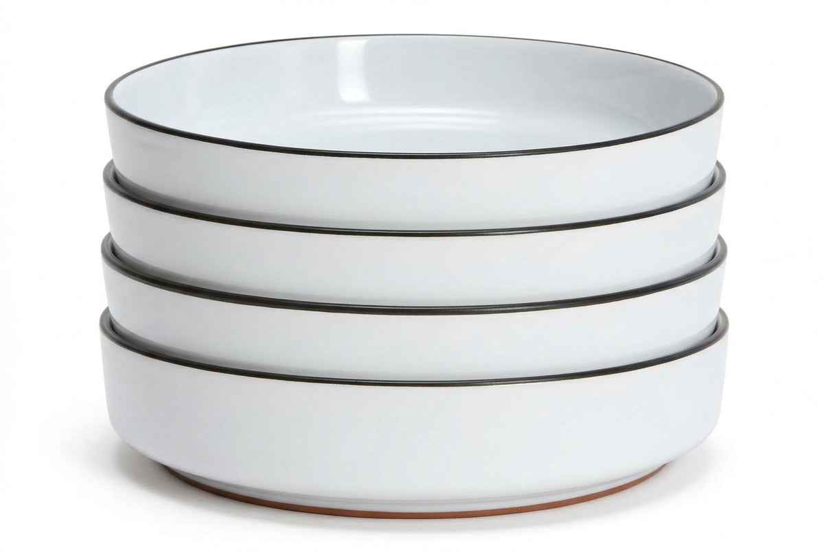 Pasta Bowls, Set of 4, Stoneware, 20 cm (7.9 in), White with Black Rim – view 2