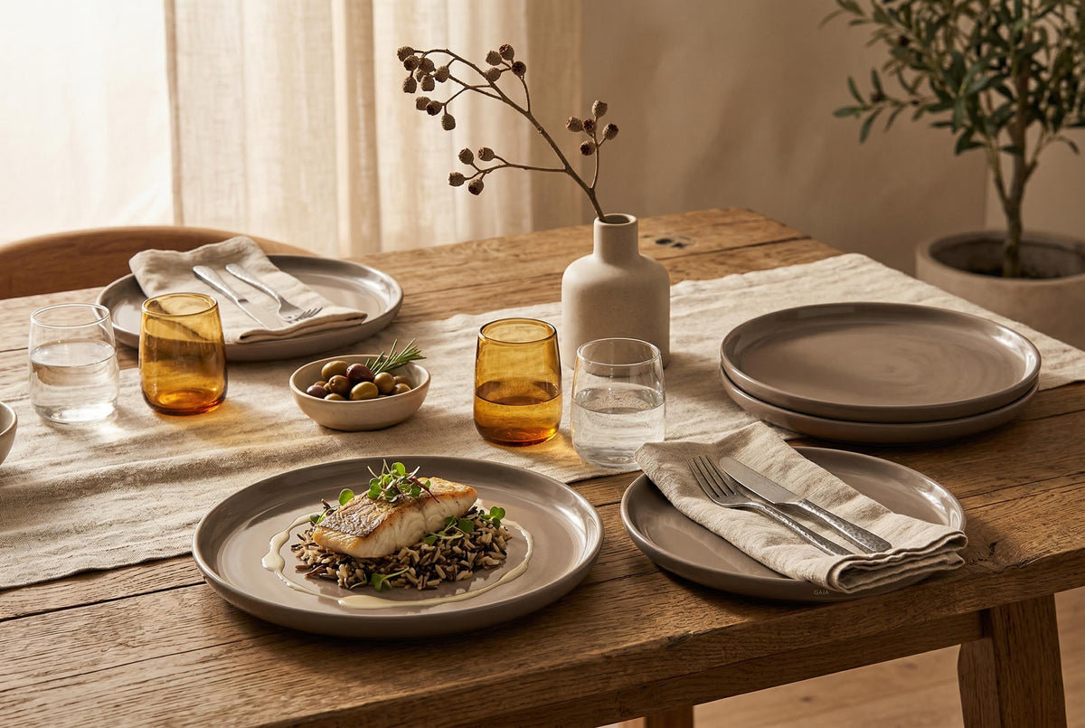 Assiettes plates en grès, ensemble de 4, 26,5 cm, taupe