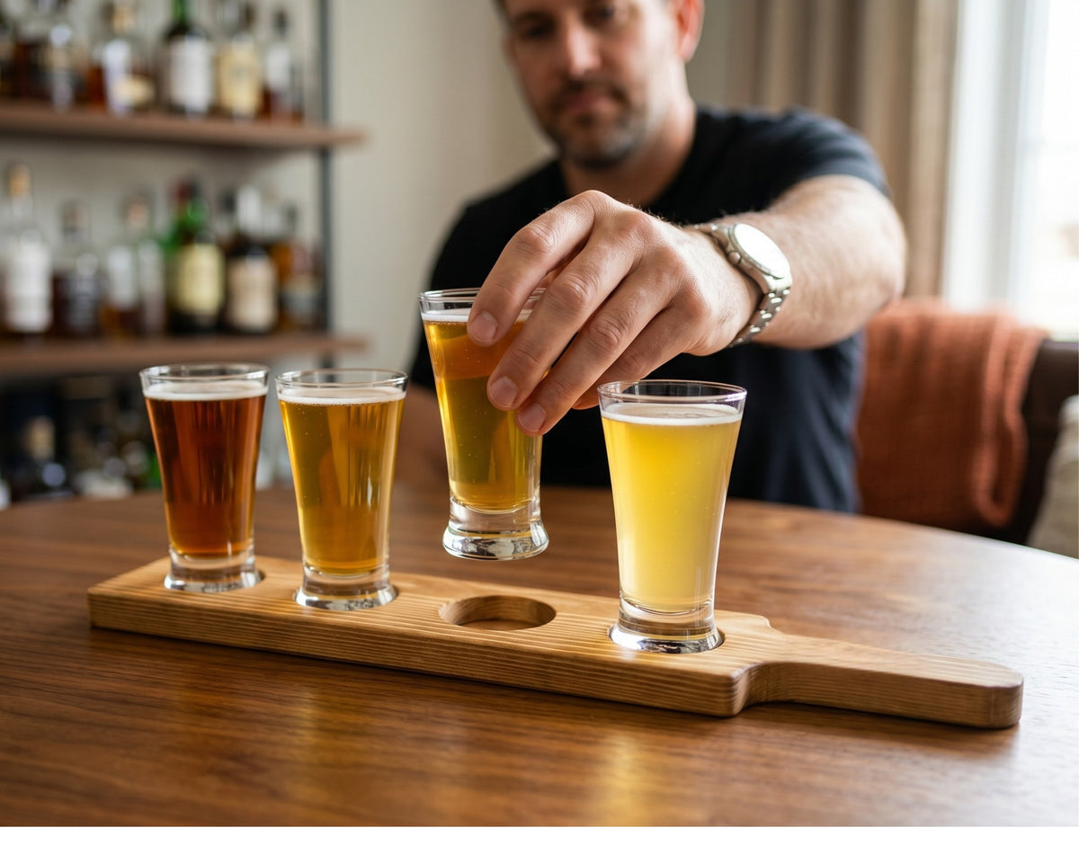 Beer Flight Board with 4 Tasting Glasses Mateo in a styled setting
