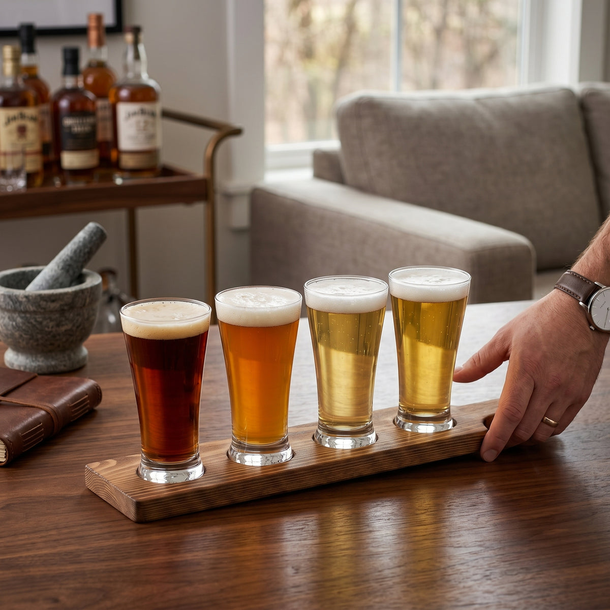 Beer Flight Board with 4 Tasting Glasses Mateo in a styled setting