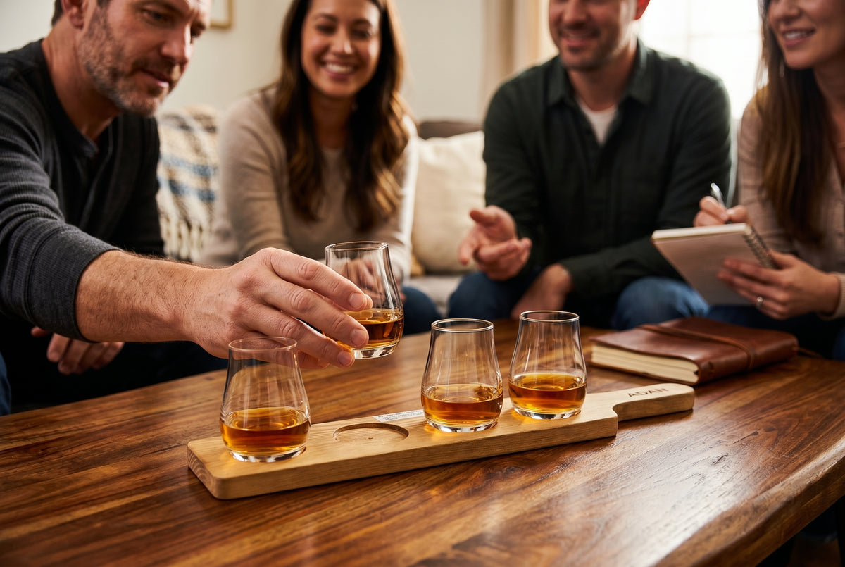 Beer Flight Board with 4 Tasting Glasses Adan in a styled setting