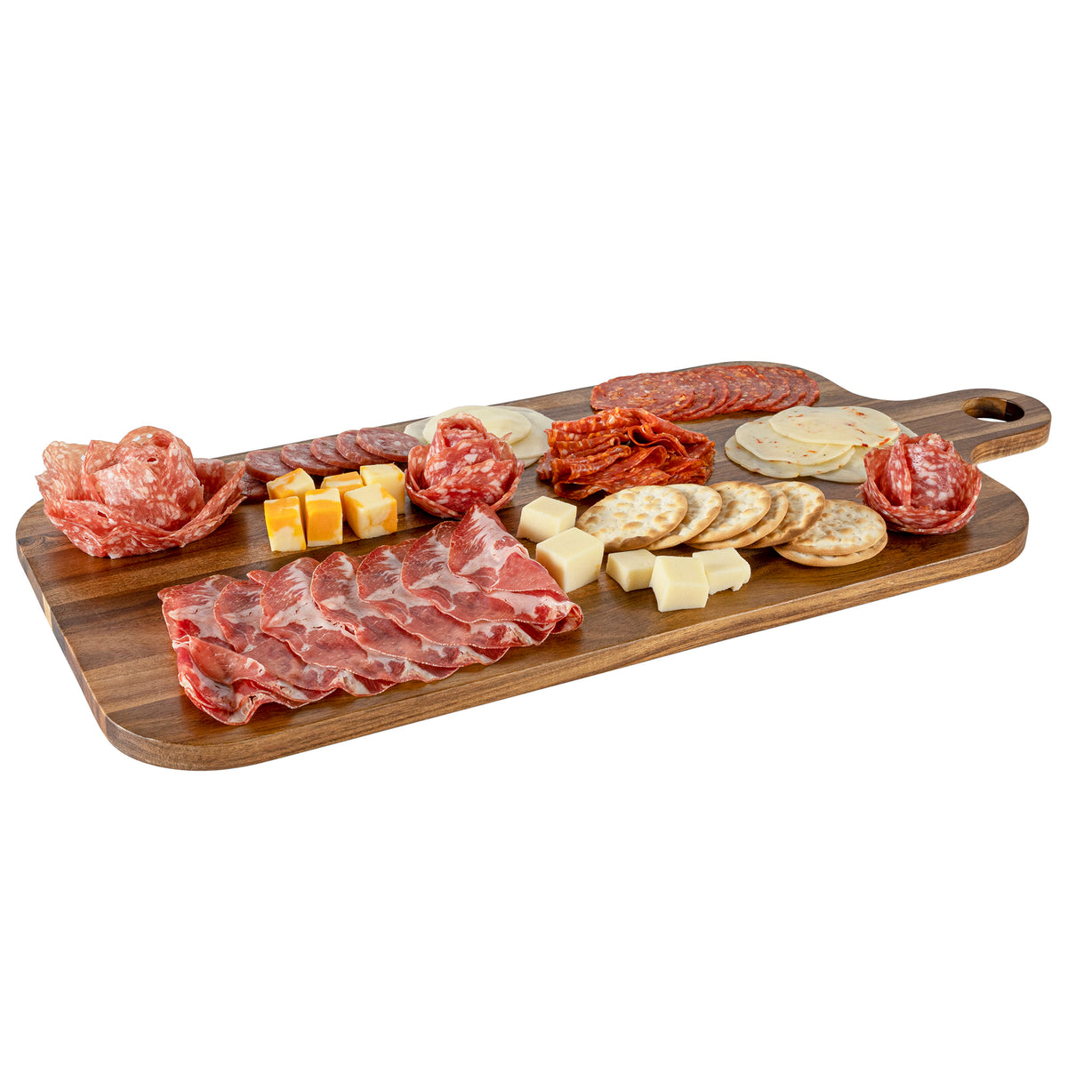 Large acacia wood charcuterie board with handle, 55 x 26 cm – styled with charcuterie and cheese