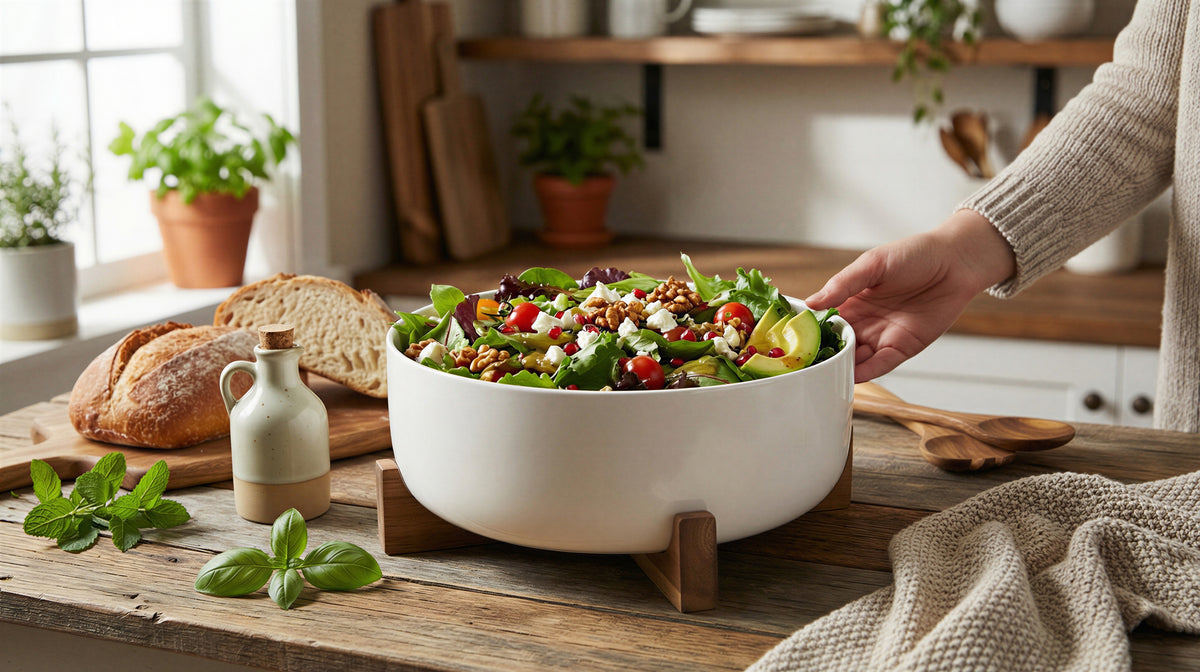 White serving bowl on acacia stand on a dining table