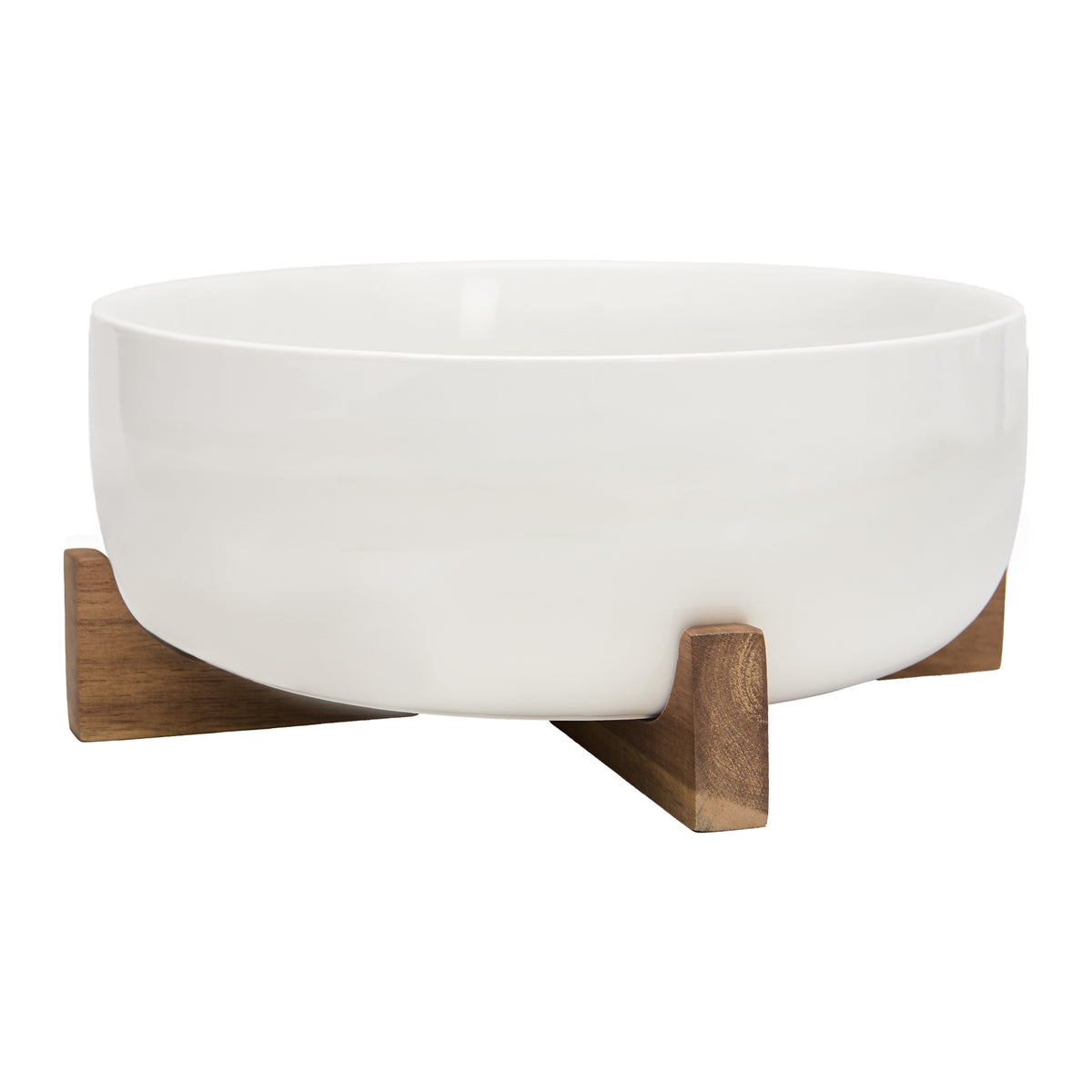 White porcelain serving bowl on an acacia wood stand, 24 cm