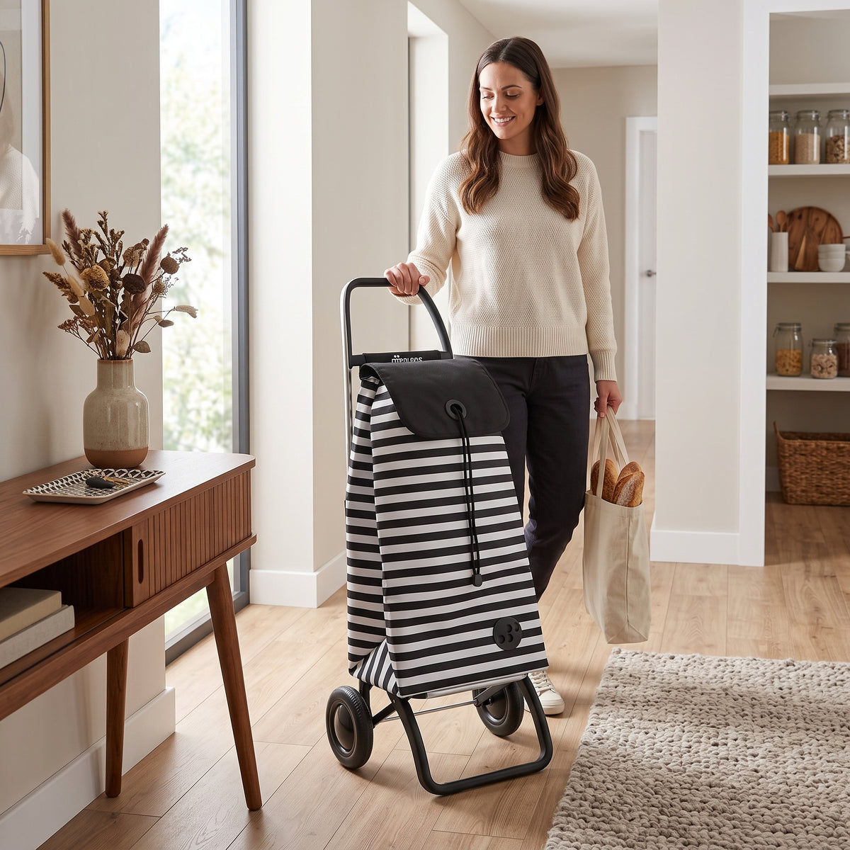 Rolser I-Max Convert 2 folding shopping cart, black & white stripe – view 3