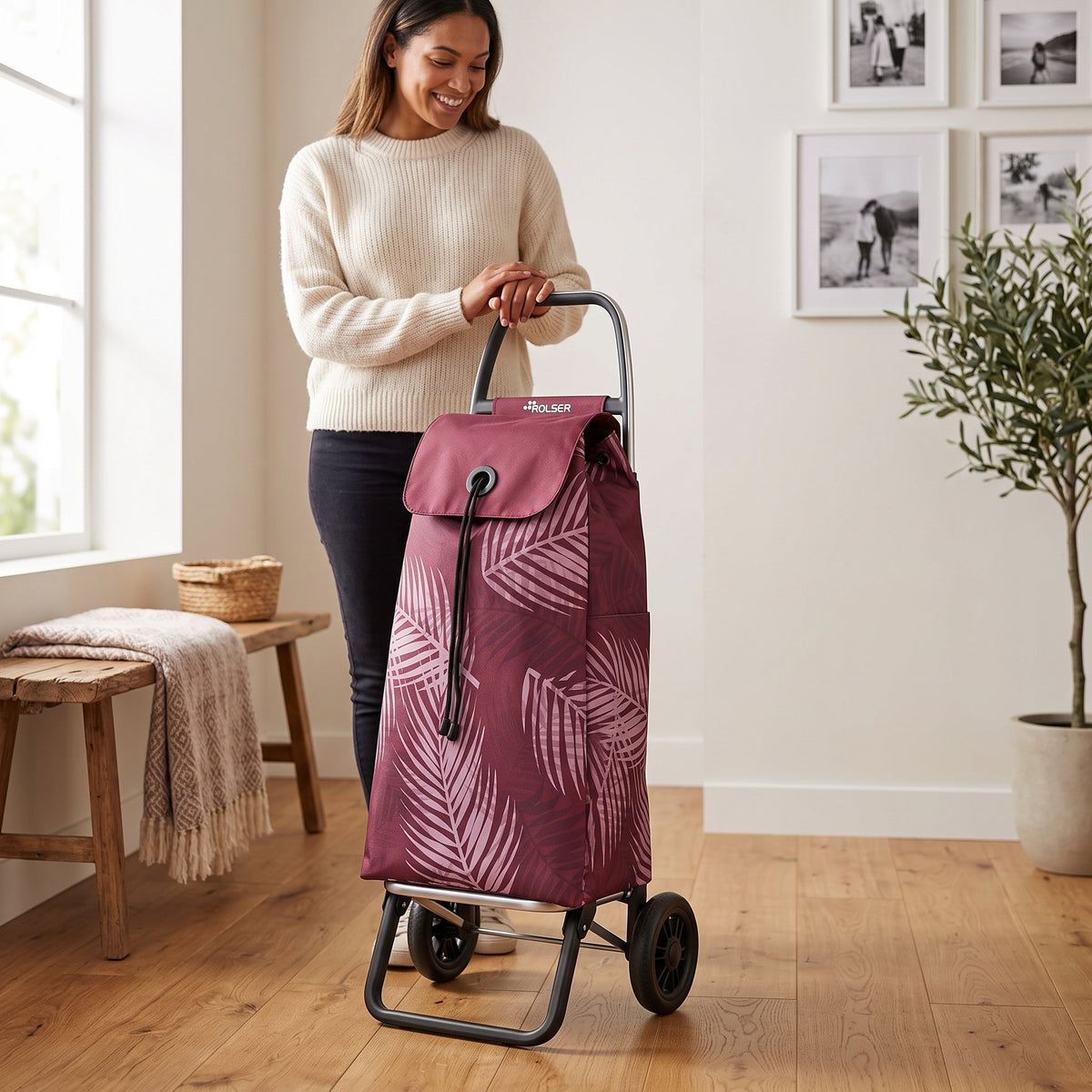 Rolser I-Max Costa Rica Convert folding shopping cart, Burgundy palm-leaf print – view 3