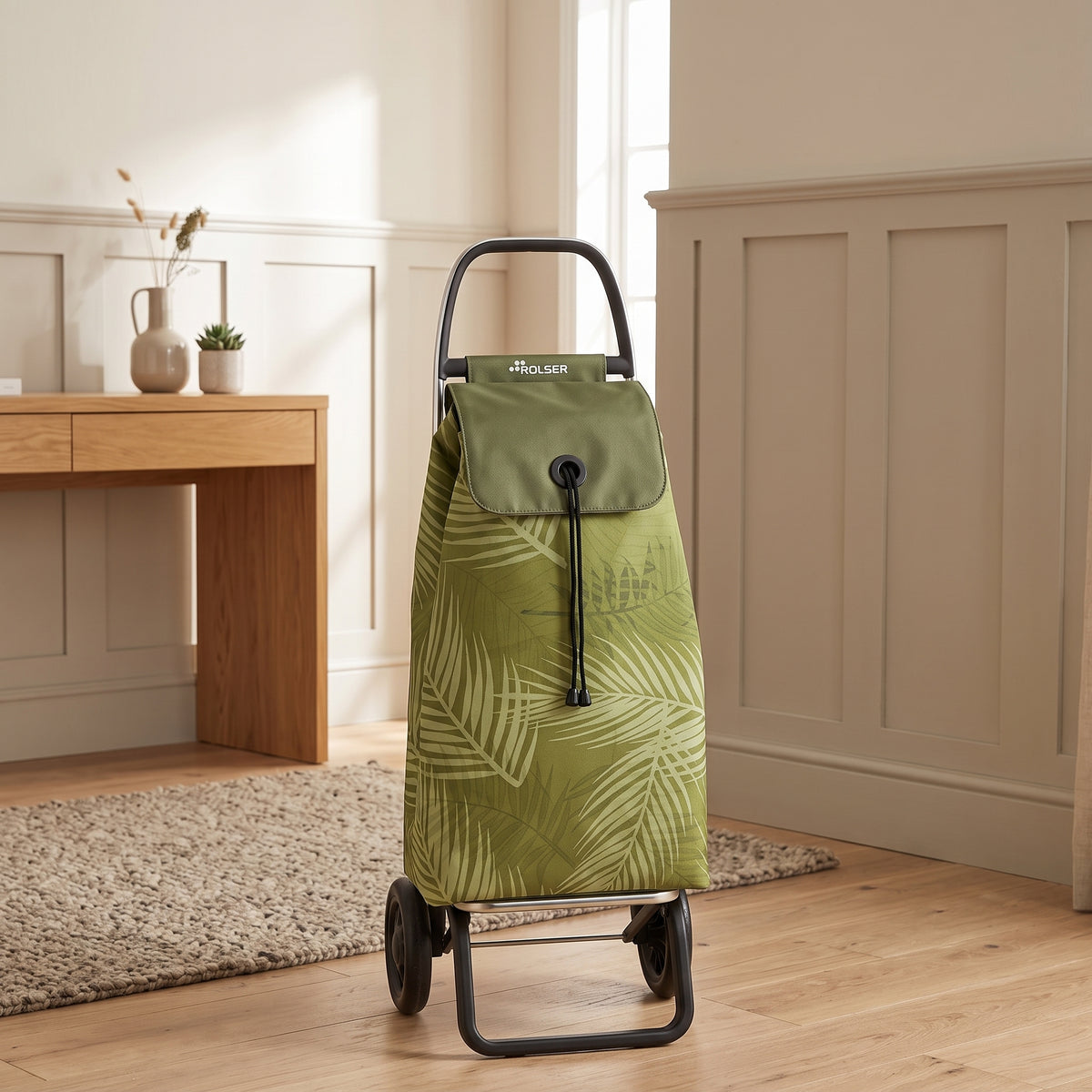 Rolser I-Max Costa Rica Convert folding shopping cart, Olive palm-leaf print – view 2