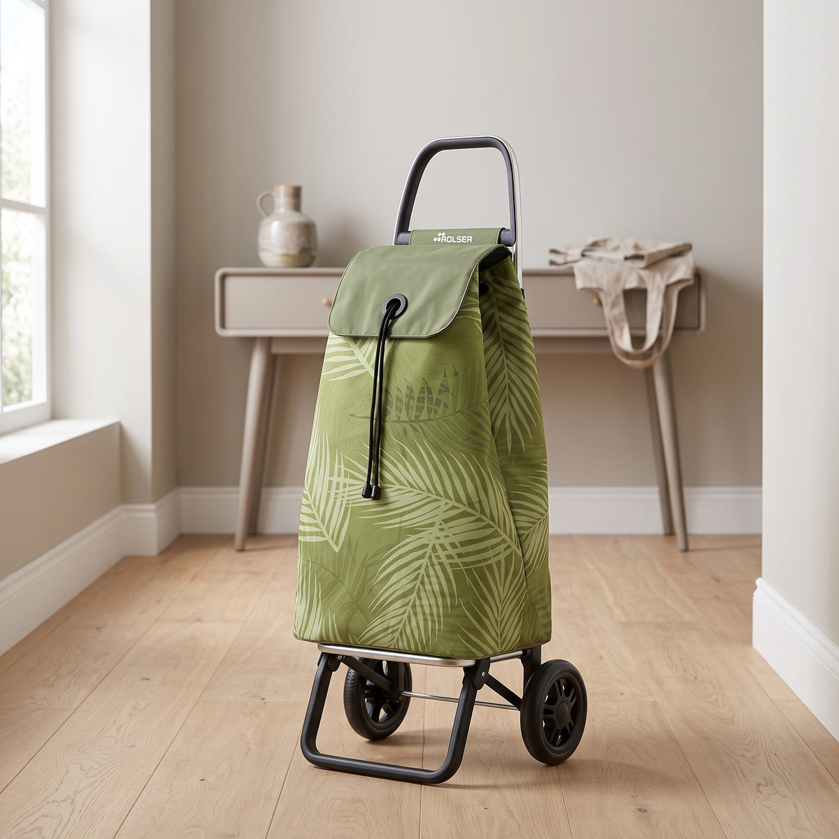 Rolser I-Max Costa Rica Convert folding shopping cart, Olive palm-leaf print – view 3