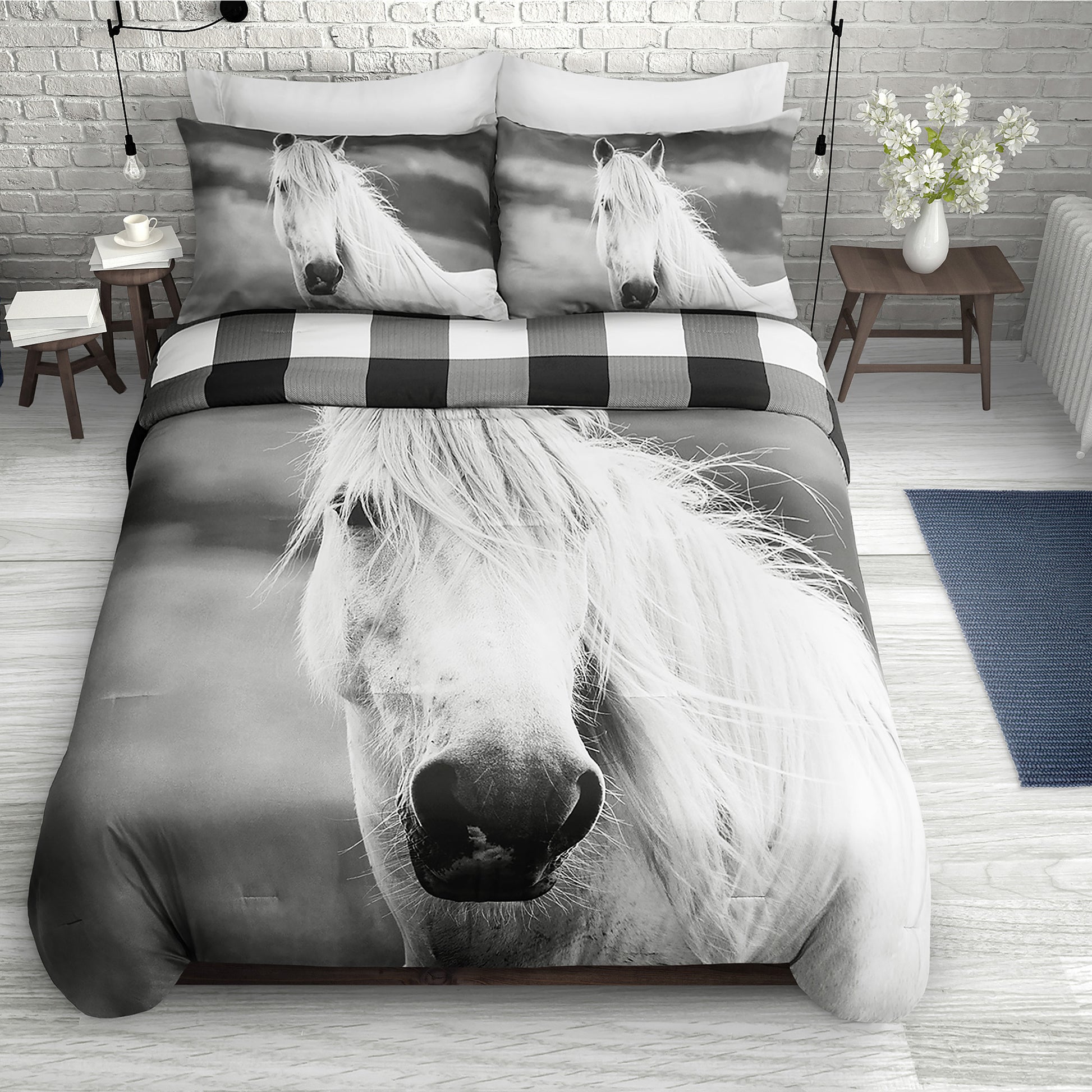 Woven Printed Comforter Bedding Set 3 Piece King Winter Horse Rustic Cabin