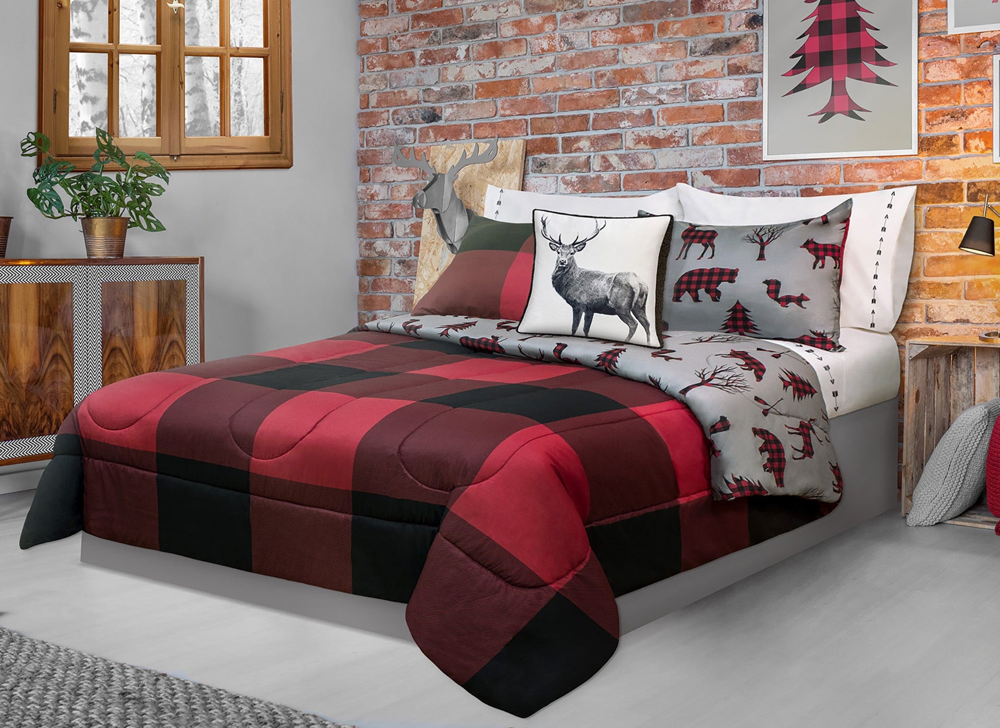 Comforter 2 Piece Set Twin Printed Buffalo Plaid Red/Black - DecoElegance - Bedding Comforter Set