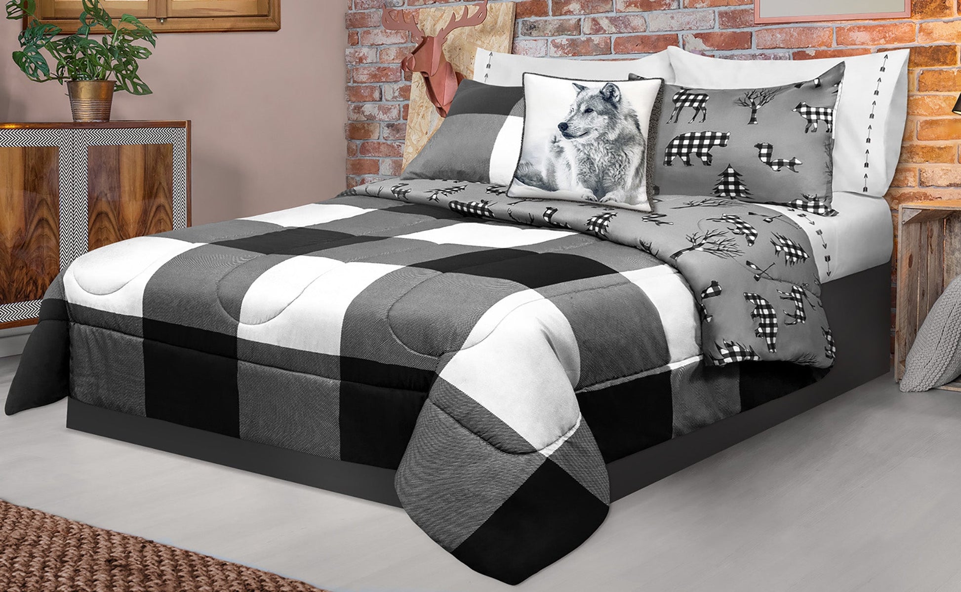 Comforter 2 Piece Set Twin Printed Buffalo Plaid White/Black - DecoElegance - Bedding Comforter Set