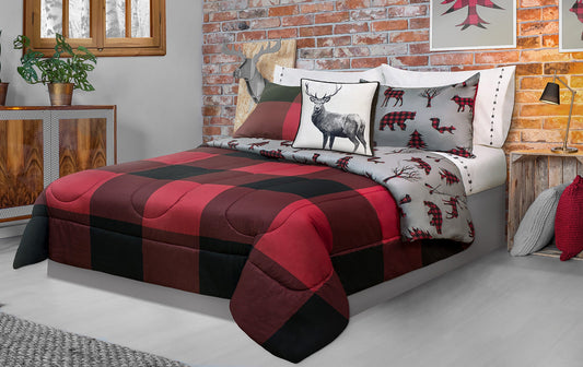 Comforter 3 Piece Set Double/Queen Printed Buffalo Plaid Red/Black - DecoElegance - Bedding Comforter Set