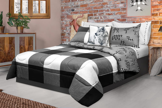 Comforter 3 Piece Set King Printed Buffalo Plaid White/Black - DecoElegance - Bedding Comforter Set