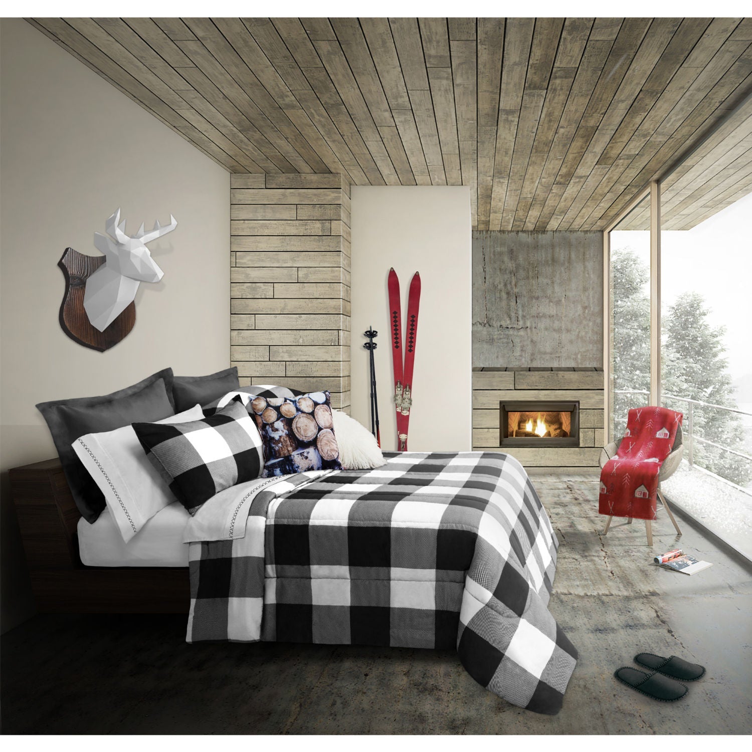 Comforter Bedding Set 2 Piece Buffalo Plaid White/Black, Twin - DecoElegance - Bedding Comforter Set