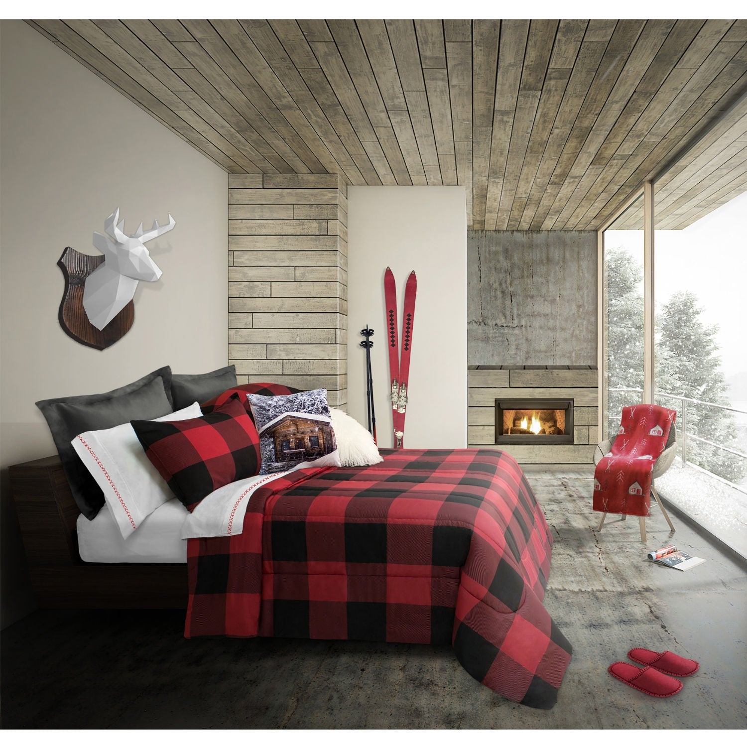 Comforter Bedding Set 2 Piece Reversible Twin Buffalo Plaid Red/Black -Cabin - DecoElegance - Bedding Comforter Set