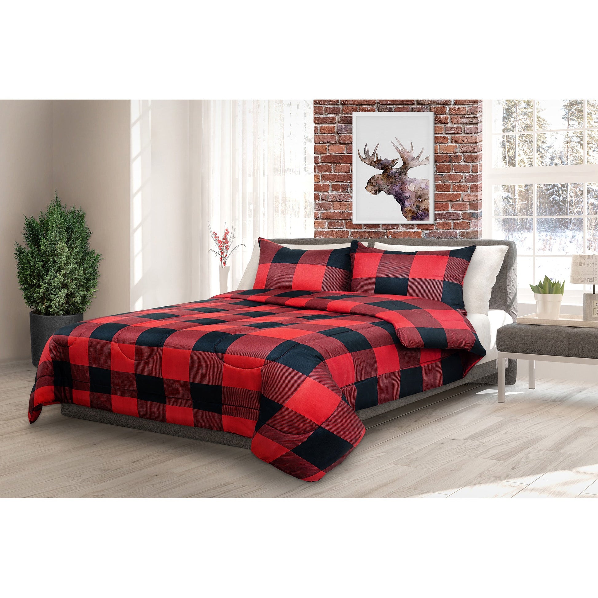 Comforter Bedding Set 3 Piece Buffalo Plaid Red/Black, Double/Queen - DecoElegance - Bedding Comforter Set