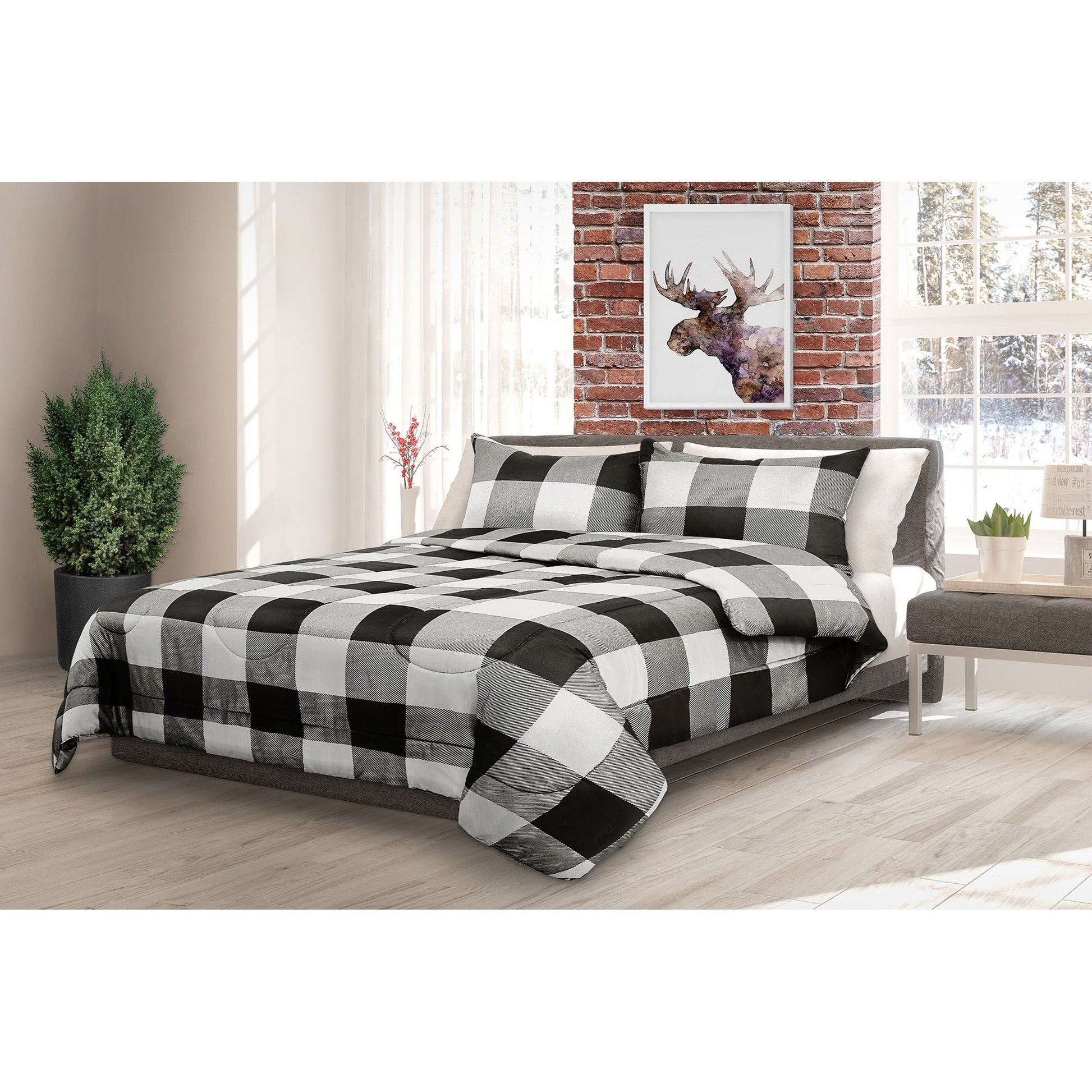 Comforter Bedding Set 3 Piece Buffalo Plaid White/Black, Double/Queen - DecoElegance - Bedding Comforter Set