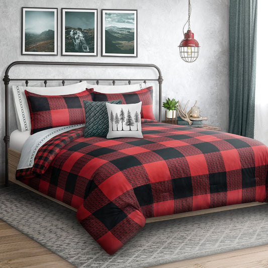Comforter Bedding Set 3 Piece Woven Microfiber King Red Check - DecoElegance - Bedding Comforter Set